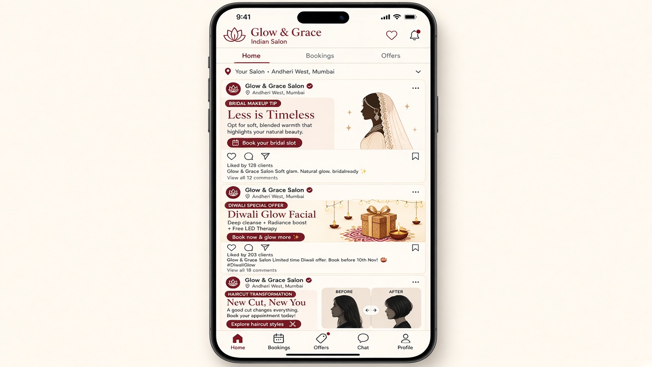 Phone mockup showing a salon Instagram feed